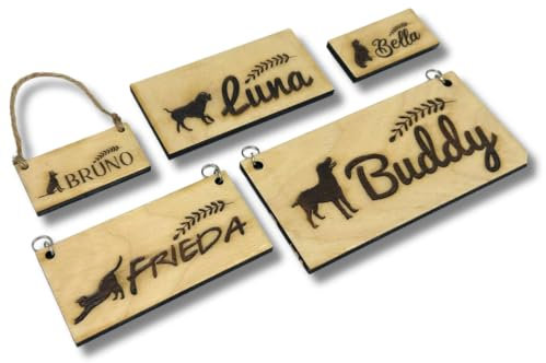 Personalisierte Namensschilder für Tiere aus Holz mit Gravur | Umweltfreundlich versiegelt, wetterbeständig und kratzfest – Verschiedene Größen verfügbar – Inklusive Befestigungsoptionen