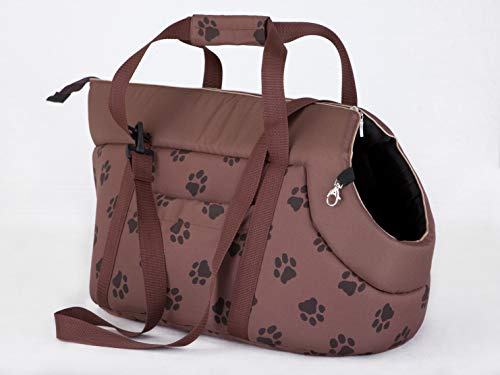 Hundetragetasche – Hundetransporttasche für kleine Hunde und Katzen bis 8 kg - praktische Transporttasche - Hundetasche - 30 x 58 x 32 cm - Hellbraun mit Pfoten