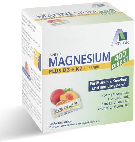 Avitale Magnesium 400 Direkt plus D3 (2.000 IE) + K2, 50 Portionssticks | Magnesium (400 mg) und Vitamin D3 und K2-Direktgranulat Sticks mit Pfirsich-Maracuja-Geschmack - Einnahme ohne Wasser