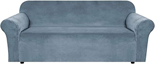 Sofabezug aus Samt, hochelastisch, Sofa-Schonbezüge, superweich, rutschfest, Schlafsofa-Bezüge, Möbelschutz für das Wohnzimmer (Farbe: Steinblau, Größe: 4-Sitzer/Sofa)