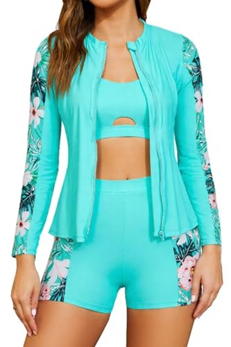 SHEKINI Ensemble 3 pièces Rashguard pour femme - Manches longues - Fermeture éclair - Protection UV - Coupe ajustée - Pour la plage et le surf - Avec short, Vert lac + imprimé, XXL