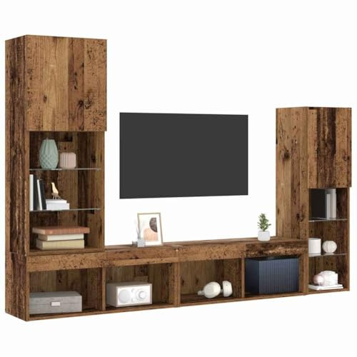 vidaXL Gabinete de TV 4 uds. Madera Vieja Madera de ingeniería | Montones de espacio para tus medios y decoraciones, Luces LED que hacen brillar tu exhibición,