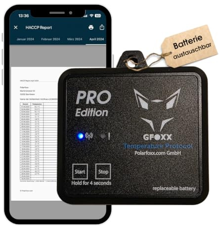 GFOXX Bluetooth-Thermometer Pro Edition, Automatische HACCP-Temperaturlisten, robuste Bauweise, einfacher Batteriewechsel, App-gesteuert, für Kühl- & Tiefkühlbereiche, IP67-zertifiziert