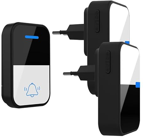 QX-008 Sonnette auto-alimentée avec 2 récepteurs, IP44 étanche 500ft sonnette sans fil avec 38 carillons 5 niveaux de volume, aucune batterie requise Plug dans kit de sonnette Boor avec lumière