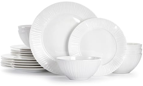 HIKAA Knochenporzellan Porzellan Geschirrset 8 Personen, Modern Teller Set Streifenoptik, 24-Teiligs Tafelservice Mikrowellen und Spülmaschinenfest, Kombiservice für Familienessen, Restaurants (Weiß)
