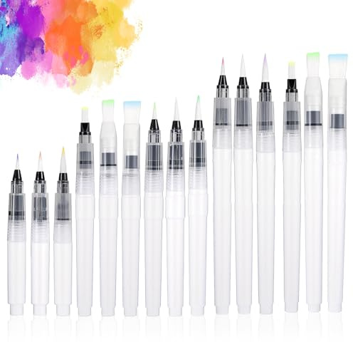 15 Stück Wasserpinsel Stifte, Aquarellstifte wassertankpinsel mit Weicher Spitze wassermalstifte befüllbar Pinsel mit wassertank für Aquarellmalerei Farbmischung Kalligraphie