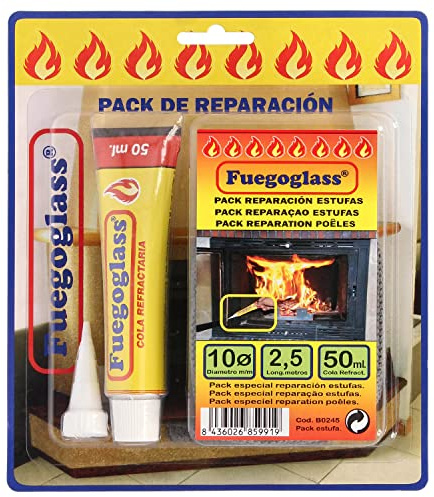 WOLFPACK LINEA PROFESIONAL - Kit Reparacion Estufas/Chimeneas, Cola Refractaria y Cordon Fibra Vidrio 10 mm. x 2,5 m.