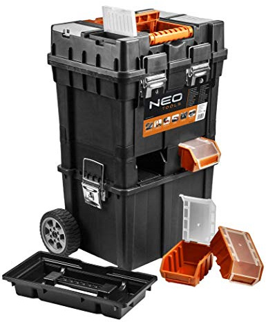 NEO TOOLS Werkzeugkoffer auf Rädern, mobile Werkstatt 40x40x70,5 cm, vier Organizer, vier Ergoboxen mit Schloss, Metallschlösser, Seitengriffe, rutschfeste Ecken