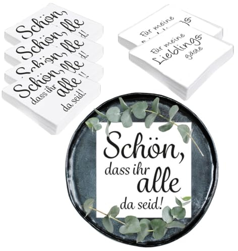 Bada Bing 6er Set mit 120 Stück Servietten mit Spruch - Moderne Papierservietten als stilvolle Tischdeko - Schön dass ihr alle da seid! - Für meine Lieblingsgäste - Tischdekoration weiß Party Vintage