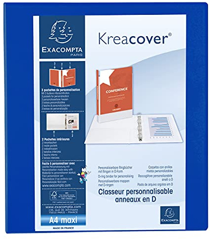 Exacompta 51823BE Präsentationsringbuch KreaCover DIN A4 aus starkem Karton 2 D Ringe 64mm breit Blau ideal für Schule und Büro Ringhefter Ringordner Ringbuchordner