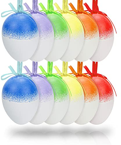 Helmecke & Hoffmann 12er-Set Bunte Ostereier aus Kunststoff | farbig/weiß | Schlaufe mit Schleifchen | farbige Ostereier Osterdeko | Ostereierdeko Ei Höhe: ca. 6 cm