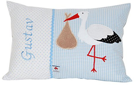 Glückspilz Namenskissen Babykissen, Storch, Hellblau, 30 x 45 cm