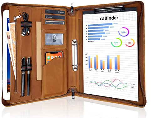 FREI NAME Gravur, Personalisiert Konferenzmappe Leder, Ringbuchmappe Ledermappe a4 mit Ringbuch, 2 Ring Binder Schreibmappe mit Reissverschluss, Geschenk für Damen/Herren, Customized, Braun