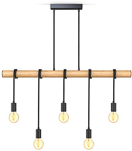 B.K.Licht suspension pour 5 ampoules, métal et bois, 5 douilles E27, noir mat, lampe à suspension vintage rétro, livré sans ampoules