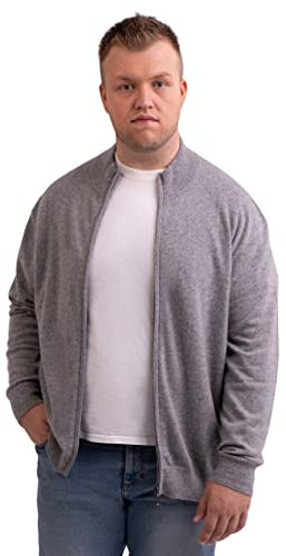 CASH-MERE.CH Maglione da uomo in 100% cashmere di grandi dimensioni, cardigan con chiusura lampo, 2 fili, taglie forti, grigio., 4XL
