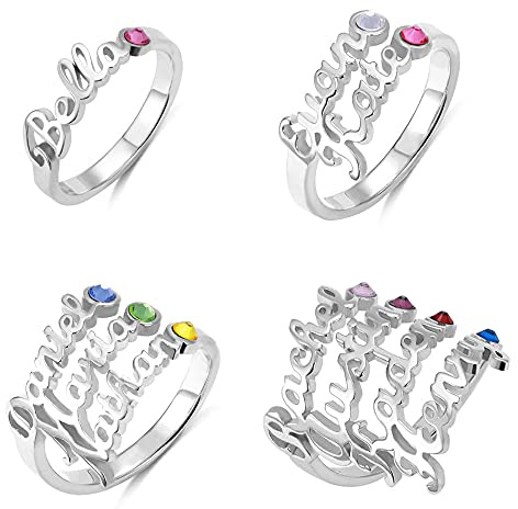 Personalisierter Mehrfacher Namensring mit Geburtsstein Benutzerdefinierter Familiennamenring 925 Sterling Silber Ring Carrie Stil Ring mit 1-4 Namen Geschenk für Frauen, Sterling Silber