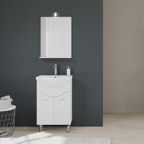 Kiamami Valentina Mueble de baño Suelo 56,5 cm con Lavabo y Espejo Blanco | Conjunto Easy para espacios pequeños, lavabo cerámico, espejo 56,5x69,4 cm, base MDF blanco brillo, luz LED