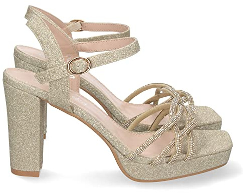 shoes&blues.es Sandalia de Tacon para Mujer, Comoda, de Material Brillante, con Palas Cruzadas, y Cierre de Hebilla, Otono Invierno 2022