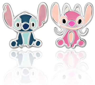 Disney Pendientes de Tuerca Lilo & Stitch para niñas, Plata de ley