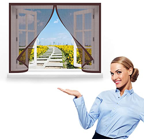 Fliegengitter Fenster Magnet 130 x 115 cm, Insektenschutz Insektenschutzgitter Terrassentür, Auto Schließen Faltbar für Alle Arten von Fenstern, Braun