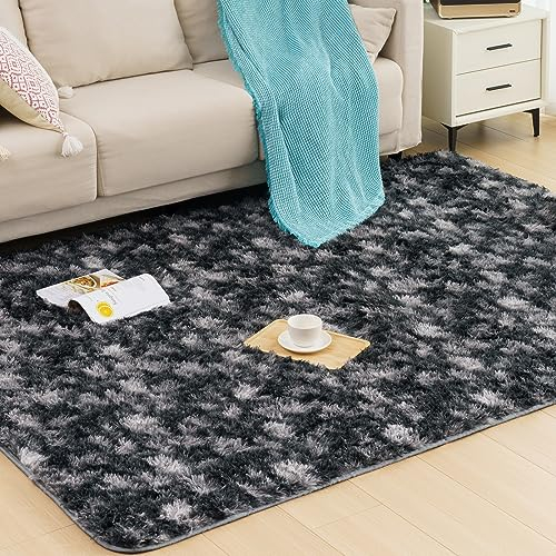 Vamcheer Alfombra de Pelo Largo - alfombras para Salón y Dormitorio,8mm Esponja Gruesa Alfombra área para habitacion,Lavables y Antideslizante, 120x170 Tie-Dye Negro