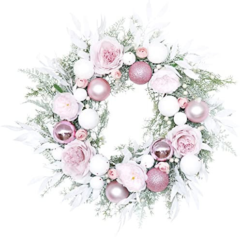 ZHDOKA 21.6in Christmas Balls Wreath, Artificial Pink Hydrangea Rose Wreath with White Berries, Hanging Front Door Greenery Wreath for Outdoor Holiday Decor(Pink)
