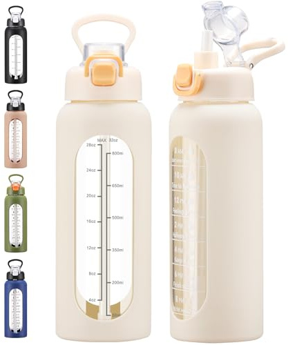 chunmo 32 oz Glass Water Bolttles with Straw Large Motivational Water Bottle with Time Marker Sports Water Bottles with Silicone Sleeve and Handle Lid Water Jug for Gym Workout