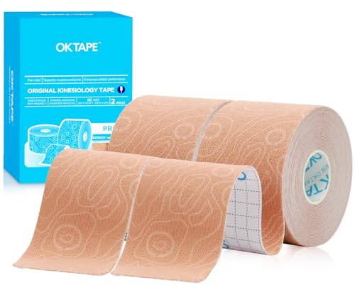 OK TAPE Pro Kinesiologie Tape (5cm x 5m) Wasserfestes Hautfreundliche elastisches Kinesiotape für Knieschmerzen, Ellenbogen und Schulter (2 Rollen,Beige)