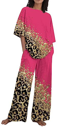 Damen Modische Glitzer Pailletten Rundhals Ausschnitt Hausanzug Komfort Jogginganzug Frauen Einfach Frühling Sommer Short Ärmeln Oberteil Hosenanzüge Hohe Taille Hosen Freizeitanzug (Hot Pink, XL)