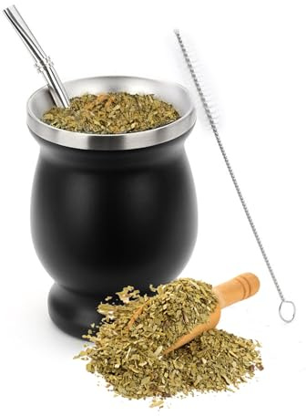 STOUCLA Tasse à thé Yerba Mate à double paroi de 237 ml, en acier inoxydable 304, avec cuillère à paille et brosse de nettoyage, pour thé maté, café, noir