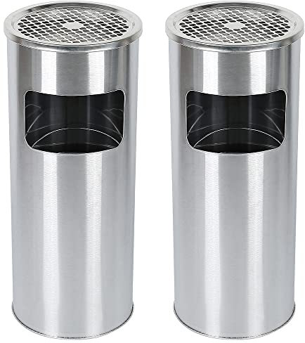 Willonin Mülleimer mit Aschenbecher für den Außenbereich, Standaschenbecher aus Edelstahl mit Mülleimer, für Außen/Innen, Gesamtmaße (Ø x H): 25 x 60 cm (Silberfarben, 2 Stück)