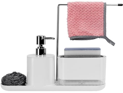 Dadabig Spülbecken Organizer, Spülmittelspender Küche Set, Seifenspender Set, 3 in 1 Seifenspender Küche Schwammhalter, Spülorganizer Geeignet für Küchenspüle（weiß）