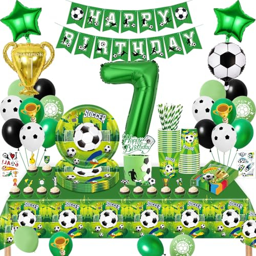 Football Birthday Decoration 7 Years, Football Party Tableware Set, 7 Years Boy, Football Balloons Paper Plates Cups Napkins Tablecloth for Party Children's Birthday Decoration
