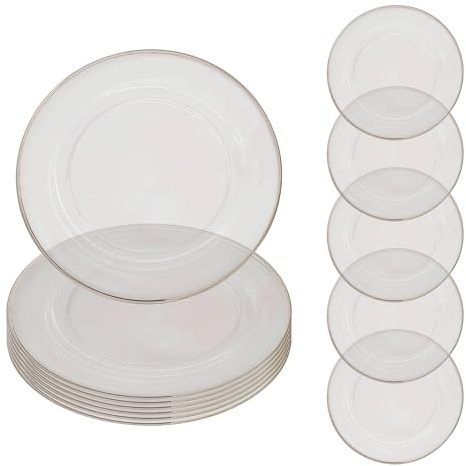 WedDecor Clear Acrylic 12pcs Charger Plates with Silver Rim, Ideal for Weddings, Parties, and Events, Clear Charger Plates with Silver Edges for Elegant Dining Table Decor | Acrylic Charger Plates for Weddings, Parties, Kitchen Décor, and Tabletop Styling, Affordable Bulk Options