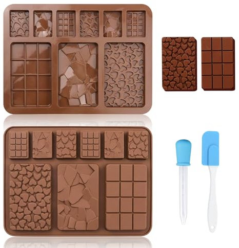 TAIHOBO Schokoladenform Silikon, Silikonform Schokolade mit Tropfern und Spatel, Schokoladenform Tief Hitzebeständig, 2 Stück Silikonform Schokoladentafel für DIY Waffeln Gelees