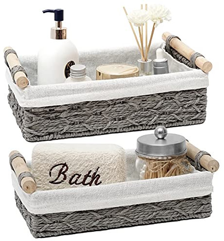 Nvzi Round Paper Rope Storage Basket, Wicker Baskets for Organizing with Handle, Decorative Bins for Countertop, Toilet Paper Basket for Toilet Tank Top, Small Baskets Set 11.8*7.8*3.9inche (Gray)