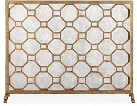 Kaminschutz, Kaminschutz, schmiedeeiserner Rahmen mit Metallgeflecht, dekorativ, modern, freistehender Funkenschutz, 99,9 cm B x 80 cm HX 20,1 cm D, Funkenschutz (Farbe: Gold)