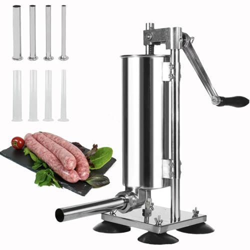 7LBS 3L Manual Sausage Stuffer Machine, Vertical 304 Stainless Steel Sausage Maker Press Machine, 8x Stuffing Tubes 15/16/19/22/25/28mm