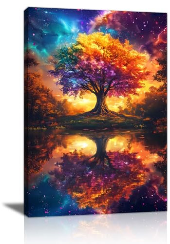 Arbre de Vie Coloré Tableau Décoration Murale Salon, Réflexions des Arbres Aurora Poster Mural Impression Sur Toile Coloré Coucher soleil Affiche Mural Décor pour Chambre Bureau Salle de Bain 40x60cm
