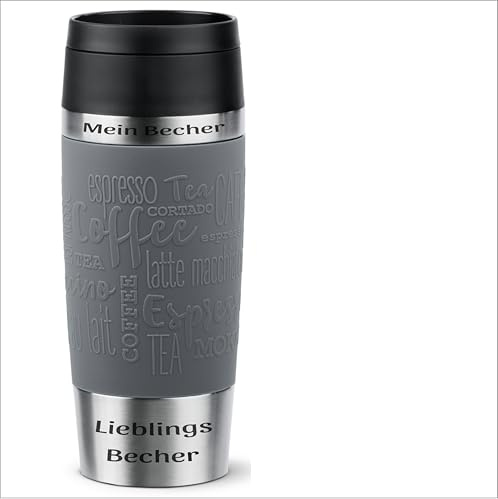 EMSA Dein Name auf dem Trinkbecher N20205 Travel Mug Classic 0,36 Liter, neuer Komfort-Schraubverschluss, Edelstahl, 100% dicht, 360°-Trinköffnung, Pfeffergrau