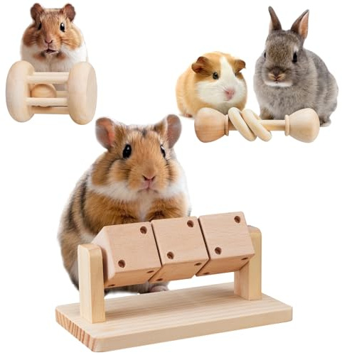 AOWPFVV 3 Pcs Wooden Hamster Enrichment Toys, Guinea Pig Chew Toys for Syrian & Dwarf Hamsters,Rabbits, Gerbils, Rats, Chinchillas, Small Animals Playing Teeth Grinding Indoor Outdoor