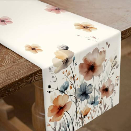 SUPERDANT Dicker Tischläufer Mit Tintenwaschblumenmuster Aquarellblüten Ostern Party Dekoration Pflanzen Polyester Tischläufer Bauernhaus Frühlingsparty Dekoration Für Möbel Tafelaufsatz 183x33cm