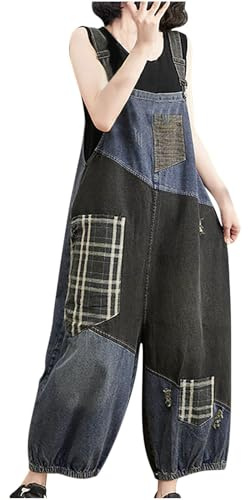 Denim Dungarees for Women UK Casual Patchwork Ripped Jean Overalls Bib Dungarees Wide Leg Palazzo Playsuit Romper Jumpsuit Pants Strappy Long Jumpsuit Women's Jumpsuits & Playsuits with Pockets