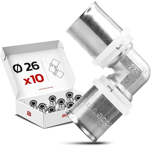 BOOPARTS – 10 piezas – Codo igual a crimpado Ø26 (26-26 mm) | Acoplamiento en ángulo 90° Multicapa Contorno TH | Conexión de fontanería Calefacción impermeable para agua caliente y sanitaria