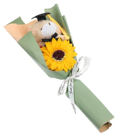 Bouquet Orso Laurea con Bambola, Beige, Fiori Serigrafati