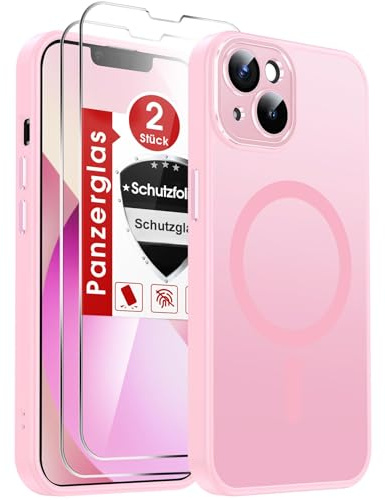 LeYi Custodia per iPhone 13, rosa con pellicola protettiva in vetro temperato 2X, [per MagSafe] Magnetica, Phone 13, pellicola protettiva per fotocamera, antiscivolo, antigraffio, opaca, cover iPhone