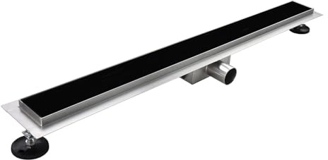 KODY Caniveau de douche L.120 cm verre noir et acier inoxydable, siphon anti-odeurs, drainage performant