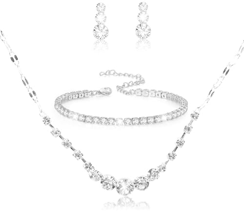 Juego de joyas LjFrexia con purpurina para novia, conjuntos de joyería de boda en plata con strass, collar con cristal de strass y pendientes con pulsera, accesorios para traje de fiesta, juego de