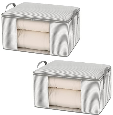 Ziyonix 2 Piezas Organizador Ropa, Cajas Almacenaje Ropas Plegable Bolsas para Guardar Ropa de Tejido Resistente y Ventana Transparente para Suéteres, Abrigos, Mantas 60x40x30 cm (Rayas Grises)