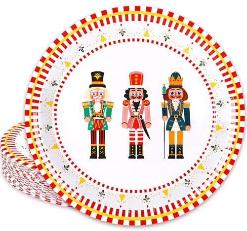 FYSUIMU 50Pcs Christmas Paper Plates Disposable Plate 9 Inch Red Green Nutcracker Stripe Round Dinner Plate for Xmas Winter Holiday Party Table Decor